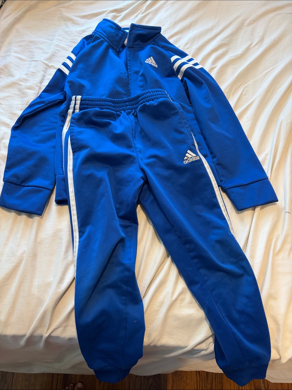 Adidas Blue Kids Track Joggers with White Stripes